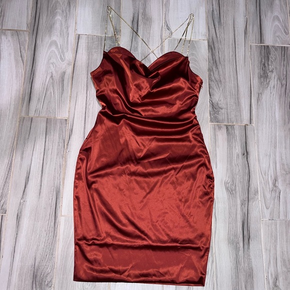Satin Brunt Orange Mini Dress with Rhinestone Straps - Picture 1 of 5